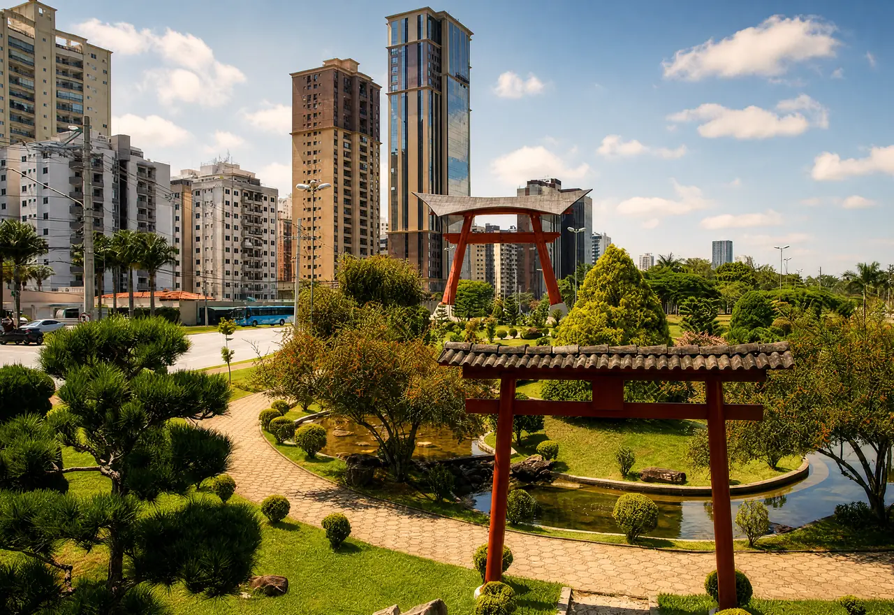 Jardim Aquarius em São José dos Campos, com o torii do parque japonês e arranha-céus ao fundo