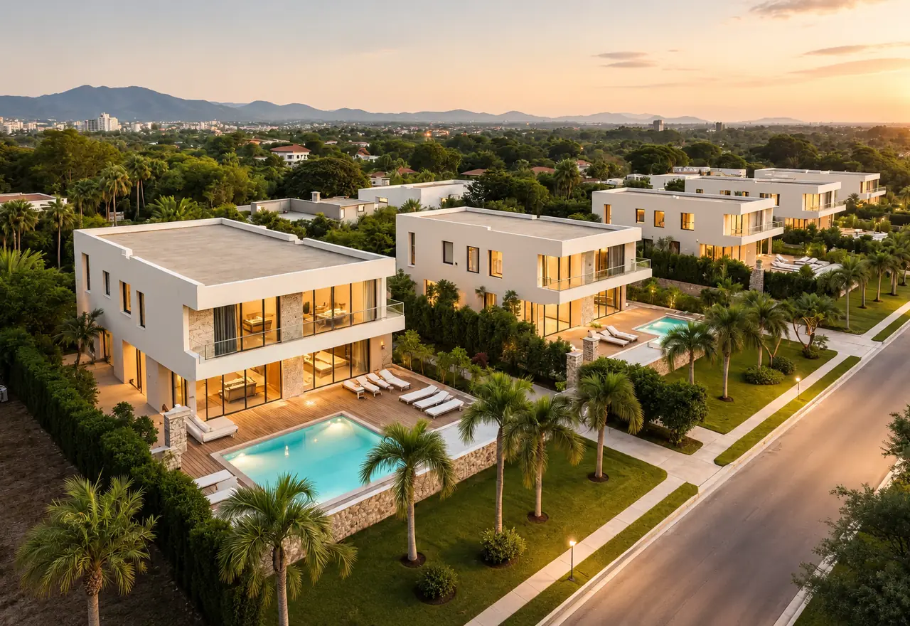 Vista do Urbanova em São José dos Campos ao entardecer, casas de alto padrão em meio à natureza
